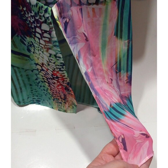 French Blue Blouse Small Colorful Boho Metallic Sheer 3/4 Sleeve Asymmetrical - Picture 2 of 9